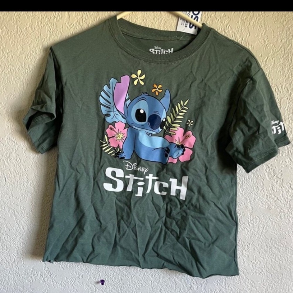 Disney Stitch Womens XS Green Graphic T-Shirt Floral Character Tee NWT